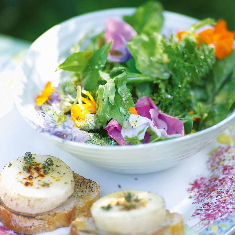 Kräuter-Blüten-Salat mit Ziegenkäse und Holundervinaigrette Rezept ... Kräuter-Blüten-Salat mit Ziegenkäse und Holundervinaigrette Rezept ...