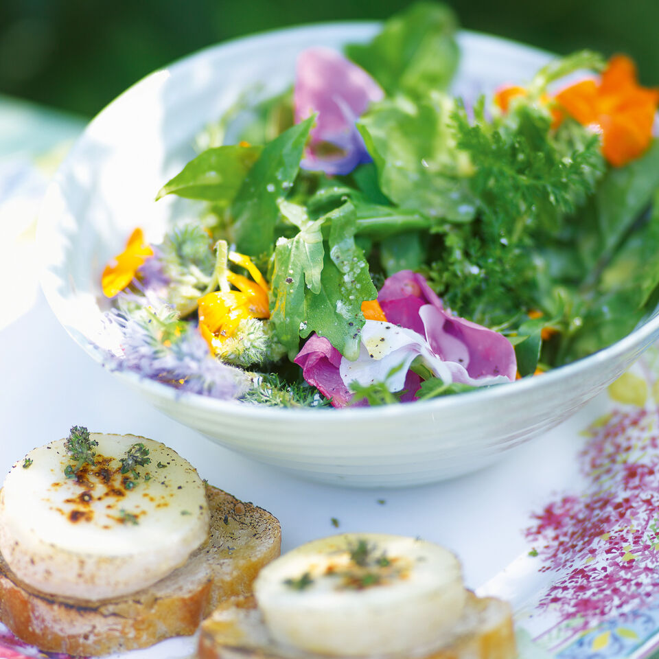 Kräuter-Blüten-Salat mit Ziegenkäse und Holundervinaigrette Rezept ...