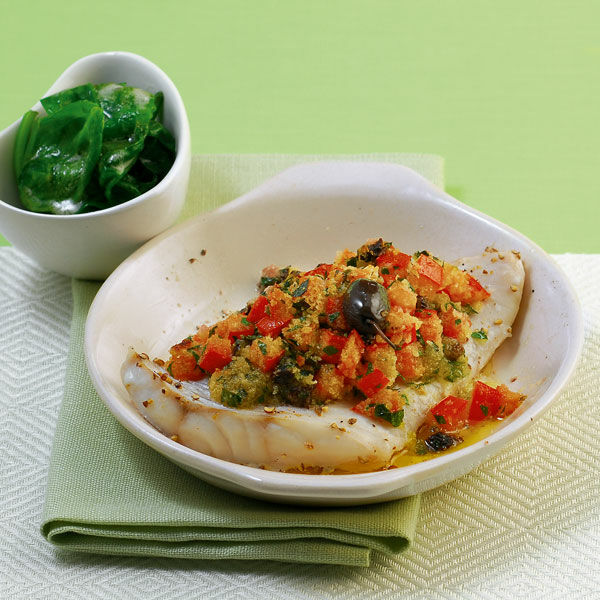 Rotbarsch mit Olivenkruste und Spinat Rezept | Küchengötter