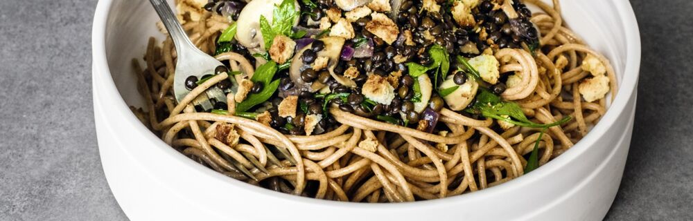 Spaghetti mit Champignons und Linsen Spaghetti mit Champignons und Linsen
