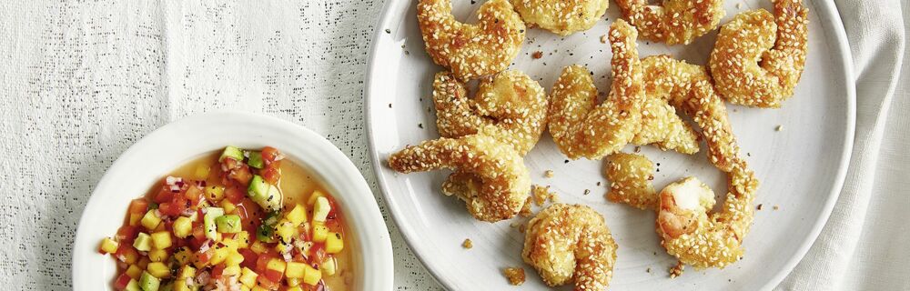 Gebackene Garnelen auf Mangosalsa Gebackene Garnelen auf Mangosalsa