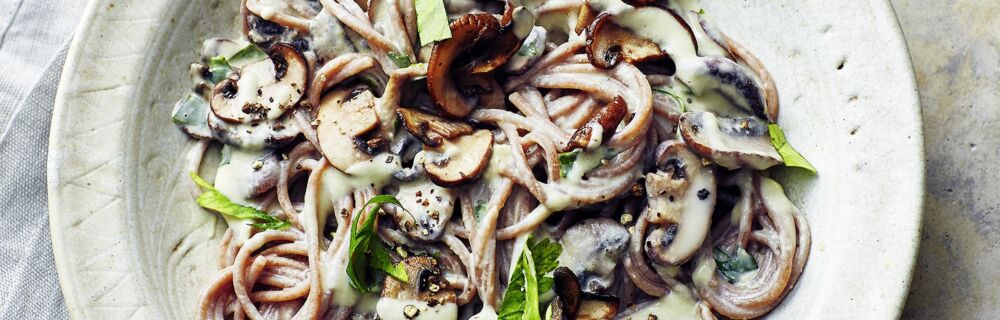 Vollkorn-Spaghetti mit Rahmpilzen Vollkorn-Spaghetti mit Rahmpilzen