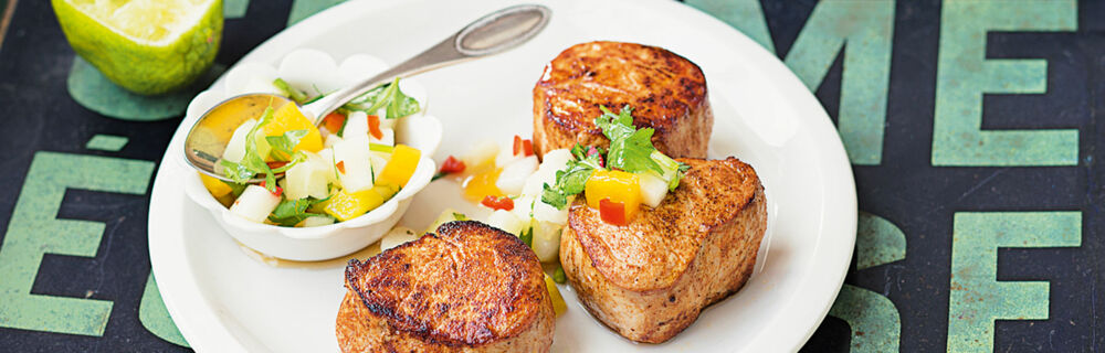 Medaillons mit Pfirsichsalsa Medaillons mit Pfirsichsalsa