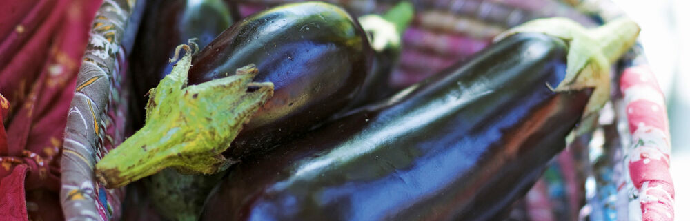 Sommerküche, Auberginen werden in einem Korb gehalten Auberginen Unterseite