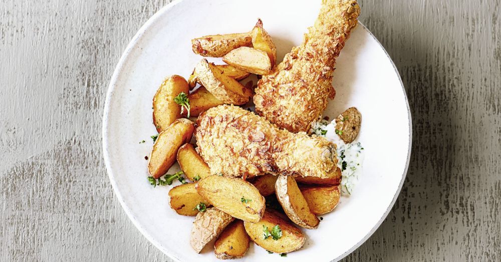 Hähnchenkeulen mit Wedges aus der Heißluftfritteuse Rezept | Küchengötter