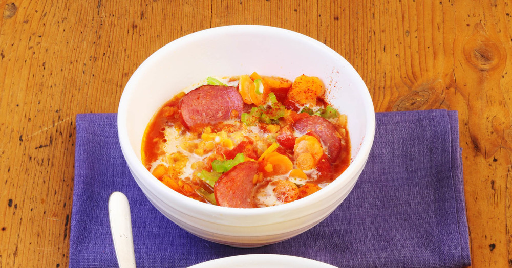 Schneller Rote-Linsen-Eintopf mit Kabanossi Rezept | Küchengötter