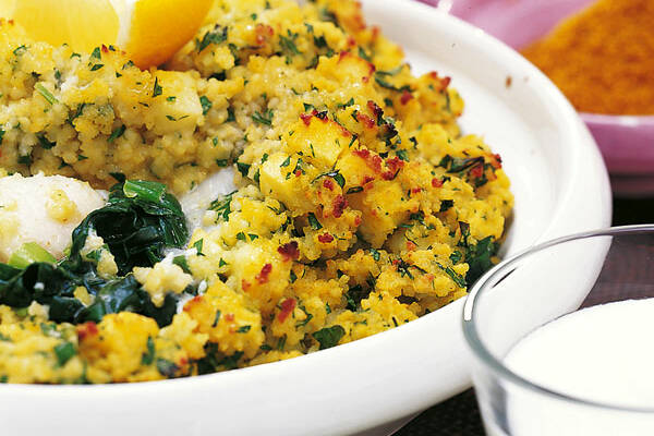 Fisch-Spinat-Gratin mit Couscoushaube Rezept | Küchengötter Fisch-Spinat-Gratin mit Couscoushaube Rezept | Küchengötter