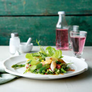 Blattsalat mit gebratenem Spargel und Rhabarberdressing