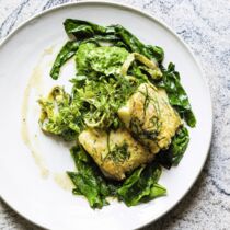 Spinat-Kartoffel-Püree mit brauner Butter und Kabeljau in Eihülle Spinat-Kartoffel-Püree mit brauner Butter und Kabeljau in Eihülle