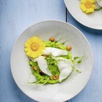 Kohlrabi-Ravioli mit Thymian-Frischk&auml;se, Erbsencreme und Haseln&uuml;ssen