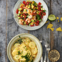 Avocado-Tomaten-Salat mit Nachos und Garnelen