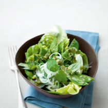 Frühlingssalat mit Zuckerschoten und Pistazien-Minz-Dressing Frühlingssalat mit Zuckerschoten und Pistazien-Minz-Dressing