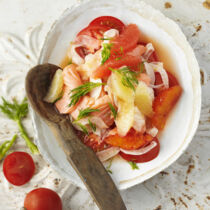 Lachs-Ceviche auf Fenchelscheiben mit Zitrusdreierlei