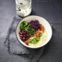 Bulgur-Bowl mit scharfen Süßkartoffeln