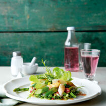 Blattsalat mit gebratenem Spargel und Rhabarberdressing Blattsalat mit gebratenem Spargel und Rhabarberdressing
