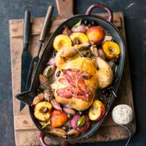 Poulet de maïs aux pêches et olives - Maispoularde mit Pfirsichen und Oliven