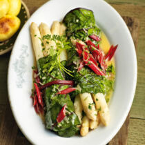 Spargel im roten Mangoldblatt