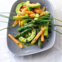 Lauwarmer Spargelsalat mit Melone und Avocado