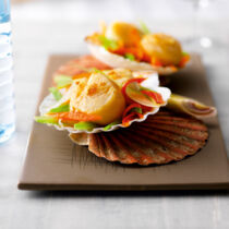 Jakobsmuscheln mit Zitronengrasbutter auf Julienne-Gemüse