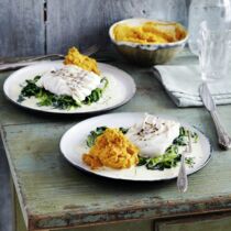 Kabeljau mit Möhren-Hummus und Spinat