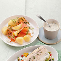 Graved Lachs mit Senf-Dill-Sauce und Pellkartoffeln
