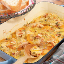 Hähnchen-Pfirsich-Gratin Hähnchen-Pfirsich-Gratin