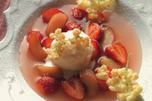 Rhabarber-Consommé mit Erdbeeren und Holunderblütensorbet