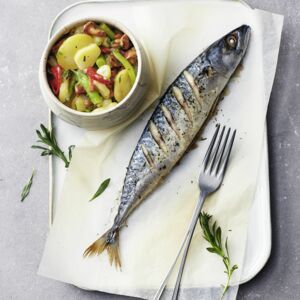 Gegrillte Makrelen mit Kartoffel-Bohnen-Salat und Pfifferlingen