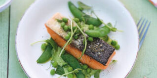 Lachs auf Erbsenpüree und Zuckerschotensalat