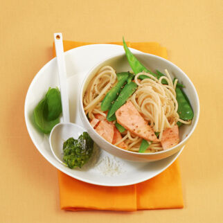 Lachs-Spaghetti mit Pesto Lachs-Spaghetti mit Pesto