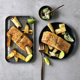 Anis-Limetten-Lachs mit Gem&uuml;se und Matcha-Dressing