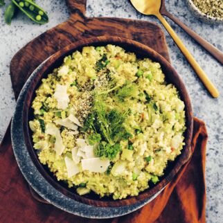 Hirsotto mit Lauch, Erbsen und Fenchel