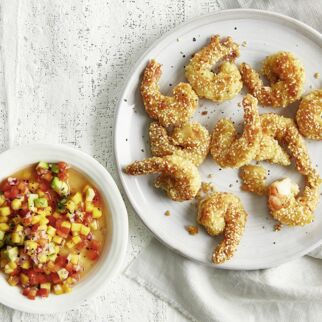Gebackene Garnelen auf Mangosalsa Gebackene Garnelen auf Mangosalsa