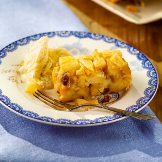 Apfel-Brot-Pudding mit Zimt und Rosinen