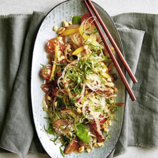 Glasnudelsalat mit Erdnüssen und Steakstreifen Glasnudelsalat mit Erdnüssen und Steakstreifen