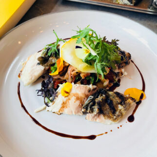 Dorade auf mediterranem Brotsalat Dorade auf mediterranem Brotsalat