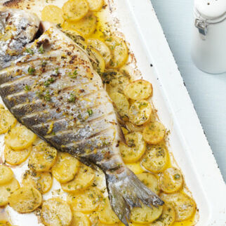 Doraden vom Blech auf Kartoffelscheiben Doraden vom Blech auf Kartoffelscheiben