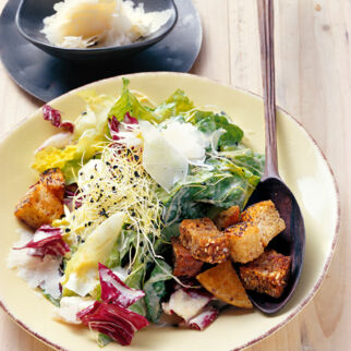 Romanasalat mit Parmesan und Knoblauchsprossen Romanasalat mit Parmesan und Knoblauchsprossen