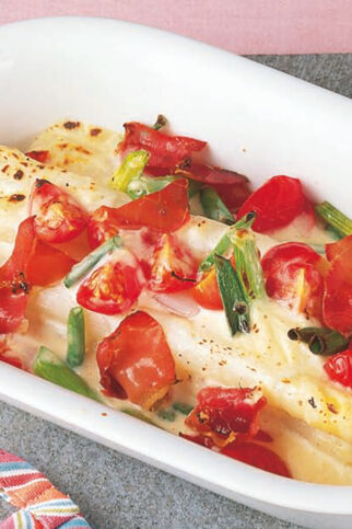 Spargel-Tomaten-Gratin mit Schinken