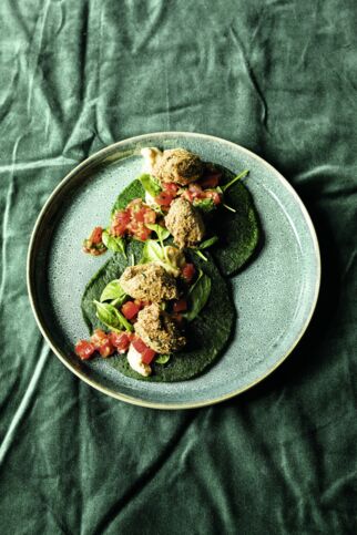 Spinat-Pancakes mit warmer Tomatensalsa, Falafeln und Sesam-Kokos-Creme Spinat-Pancakes mit warmer Tomatensalsa, Falafeln und Sesam-Kokos-Creme