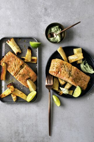 Anis-Limetten-Lachs mit Gemüse und Matcha-Dressing