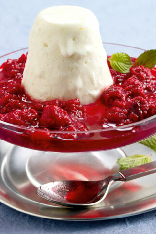 Ziegenkäse-Honig-Eis mit Himbeersauce Ziegenkäse-Honig-Eis mit Himbeersauce