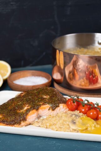 Ofenlachs mit Honig-Dill-Marinade und Zitronen-Champignon-Risotto Ofenlachs mit Honig-Dill-Marinade und Zitronen-Champignon-Risotto