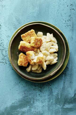 Panierte Fisch-Nuggets mit Topinamburgemüse Panierte Fisch-Nuggets mit Topinamburgemüse