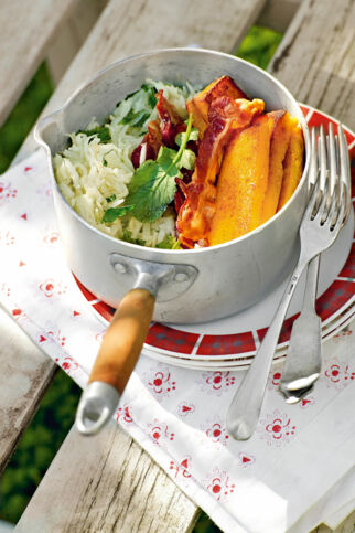 Butterkohlrabi mit Polentaschnitten und krossem Speck Butterkohlrabi mit Polentaschnitten und krossem Speck