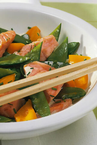 Lachs mit Zuckerschoten und Paprika