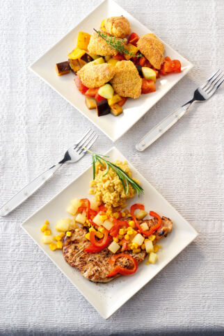 Sommergemüse auf Putenschnitzel mit Curryreis Sommergemüse auf Putenschnitzel mit Curryreis