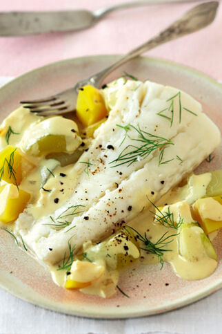 Schmorgurken-Kartoffel-Gemüse mit Kabeljau Schmorgurken-Kartoffel-Gemüse mit Kabeljau