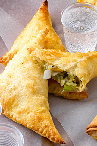Blätterteigtaschen mit Limburger-Lauch-Füllung Blätterteigtaschen mit Limburger-Lauch-Füllung