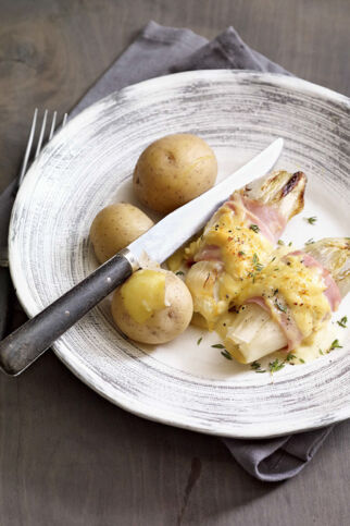 Chicorée in Schinken mit Pellkartoffeln